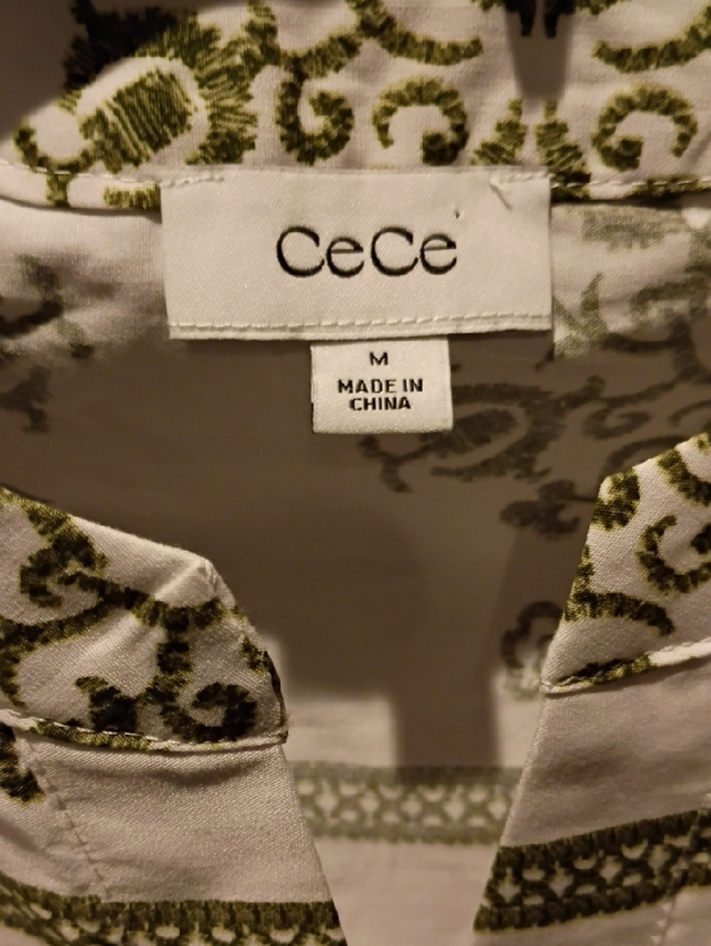 FINAL PRICE CeCe White Blouse With Olive Green Floral, Paisley & Foliage Print